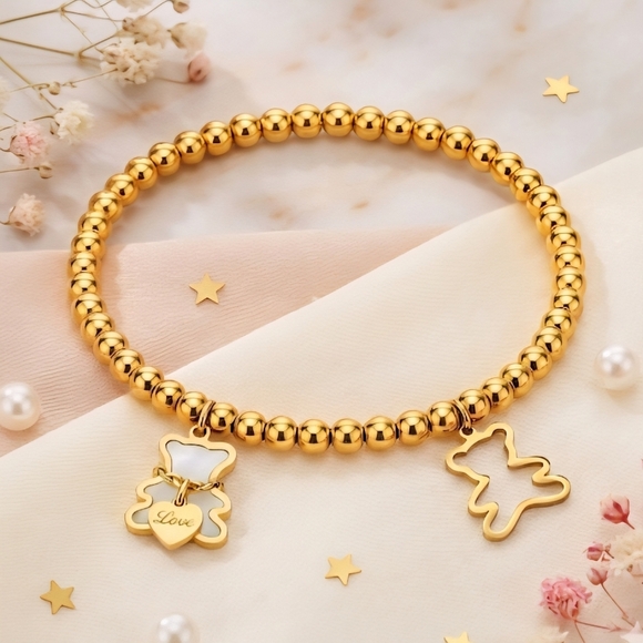Whimsical 18K Gold Plated Stainless Steel Bear Charm Beaded Dainty Bracelet - Picture 6 of 13